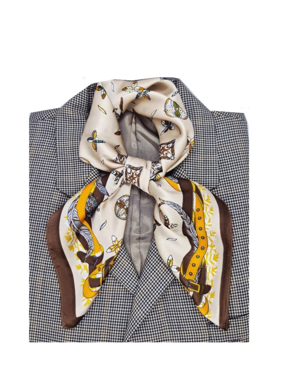 Elegant Silky Square Scarf Beige Feather Floral Print Luxury Versatile Luxurious